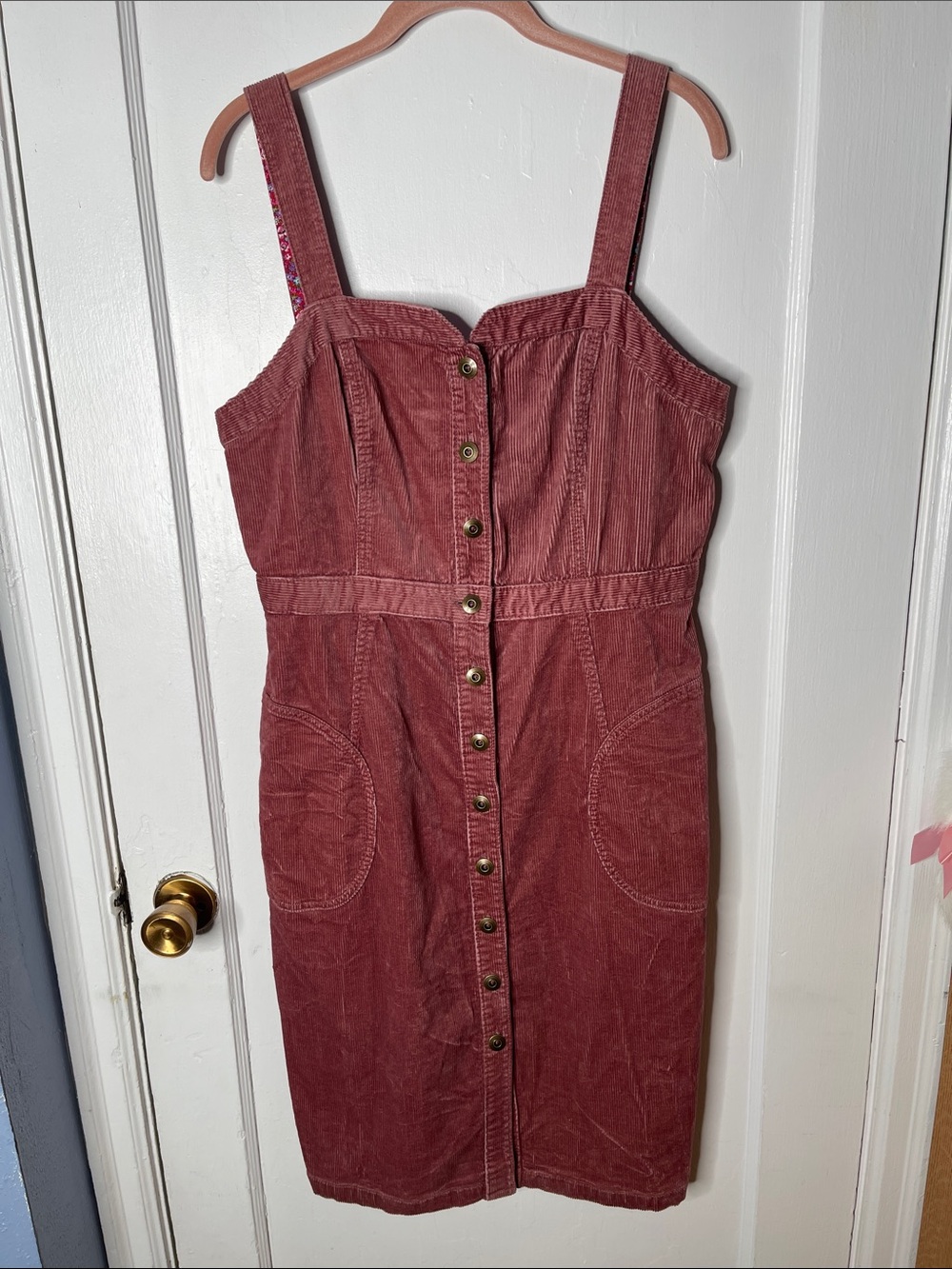 Anthropologie Dress 14 Corduroy Button Front Mauve Pink Midi Knee Pockets Jumper
